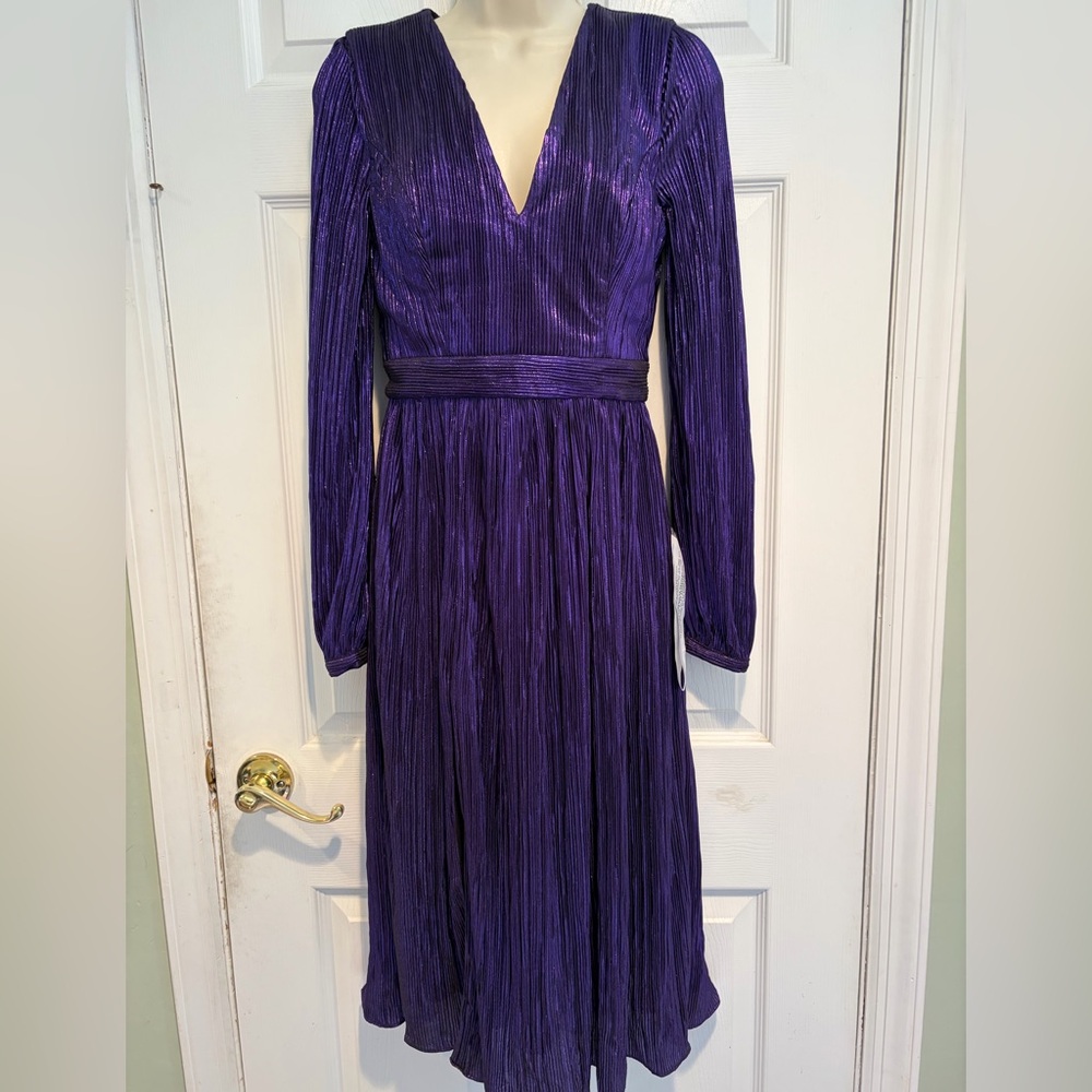 NWT Dress The Population Holly Deep Plum Metallic Pleated Sz S Midi Formal Gaka - Picture 3 of 14